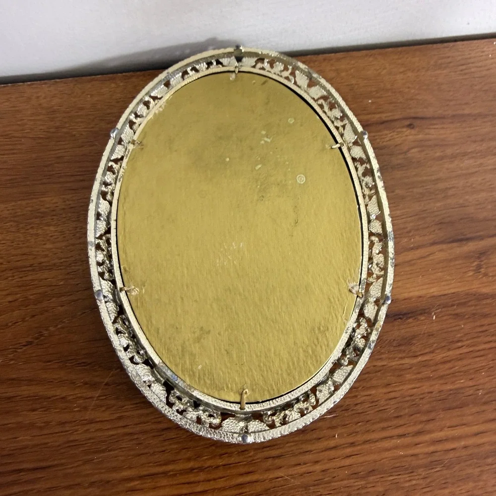 Vintage Ornate Oval Vanity Mirror Cast Metal Floral Filigree Hollywood Regency